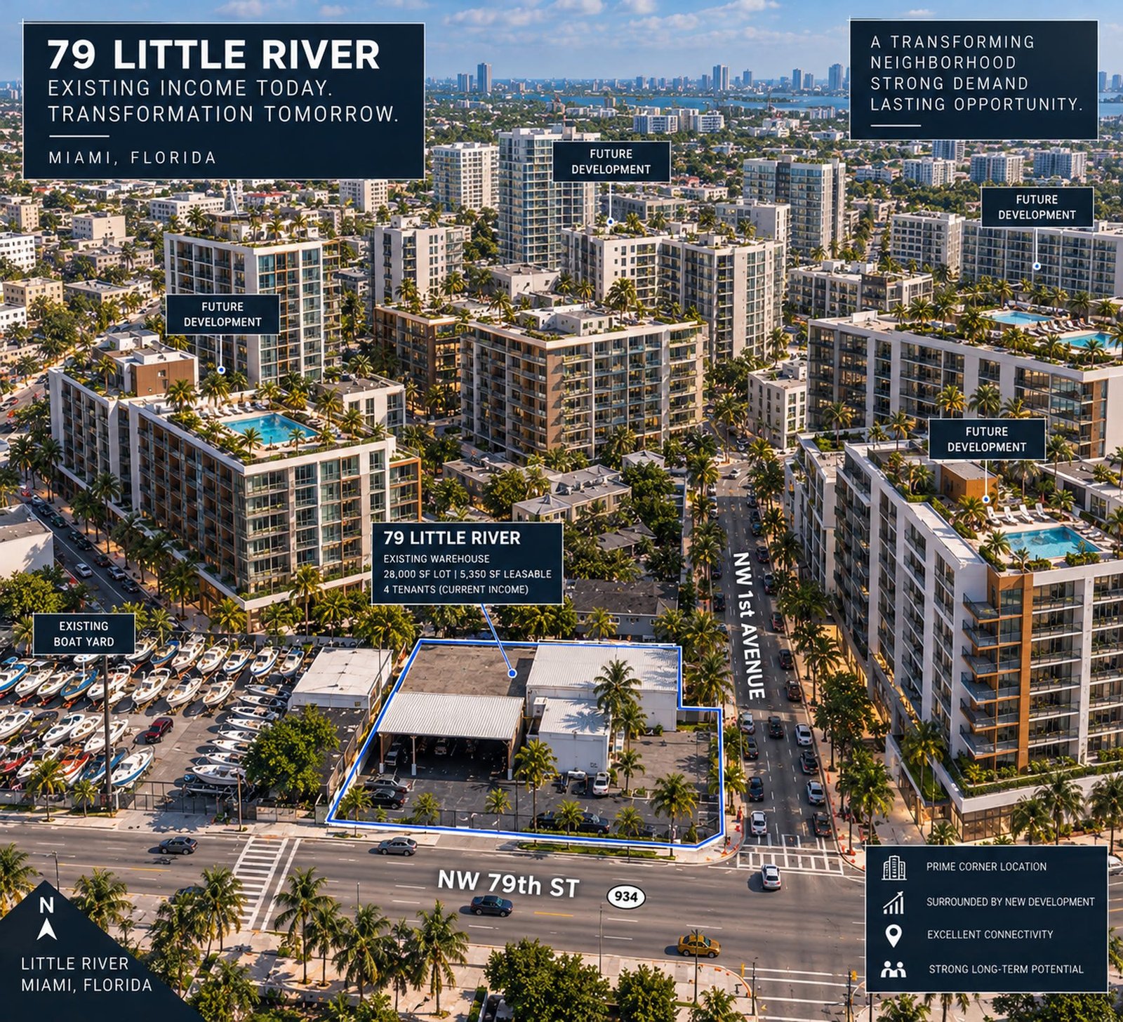 Conceptual aerial illustration of the 79 Little River parcel and its surroundings